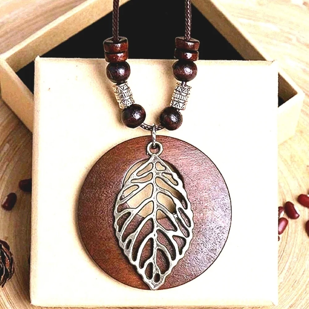 Necklace Brown Bohemian Antique Silver Pendant Charm Necklaces - Hippie Jewelry - Picture 3 of 4